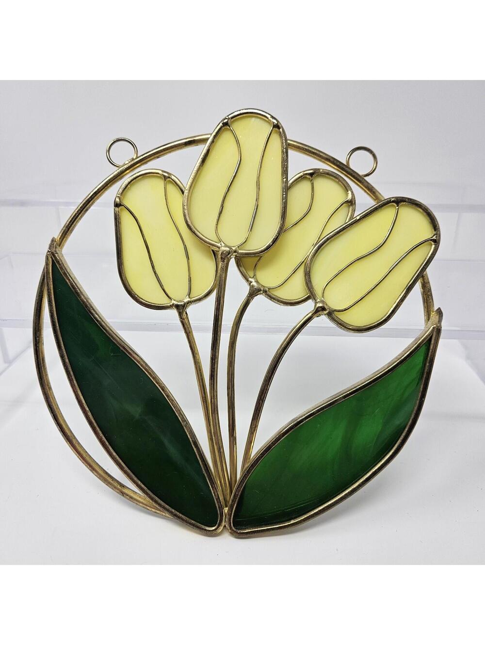 Vintage Yellow Tulip Suncatcher Faux Stained Glass Window Hanging Art